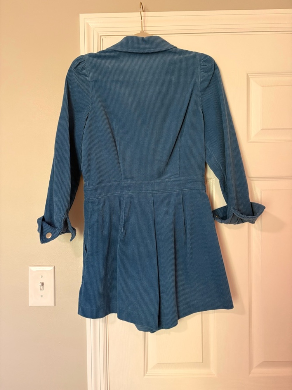 Women's Light Blue Corduroy Wrap Romper with Belted Waist - Picture 5 of 5